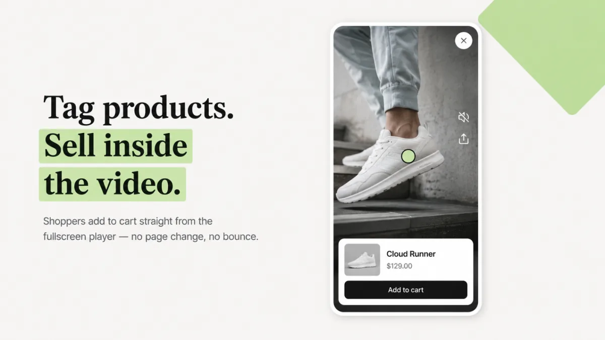 From the App Store listing of Foxr Shoppable Videos & UGC: the player on a phone, with a tagged product card and an Add to cart button