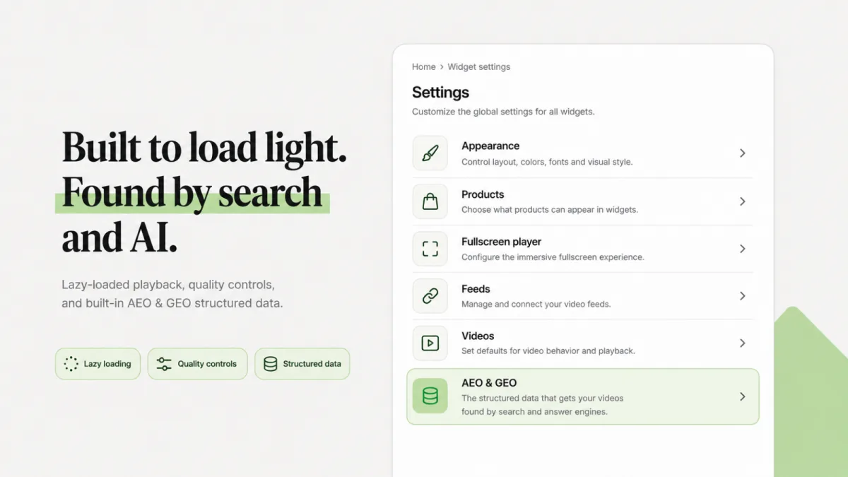 The Settings page in Foxr Shoppable Videos & UGC, with the AEO & GEO group that adds video structured data to the pages where your widgets appear
