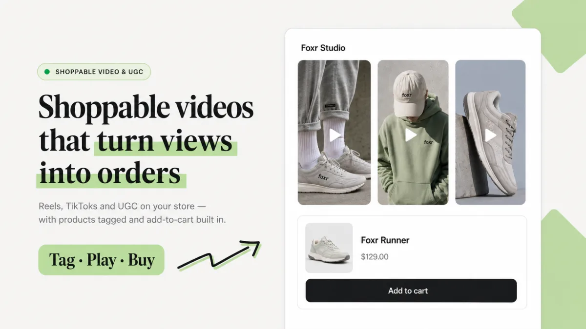 From the App Store listing of Foxr Shoppable Videos & UGC: three product videos with a tagged product and an Add to cart button