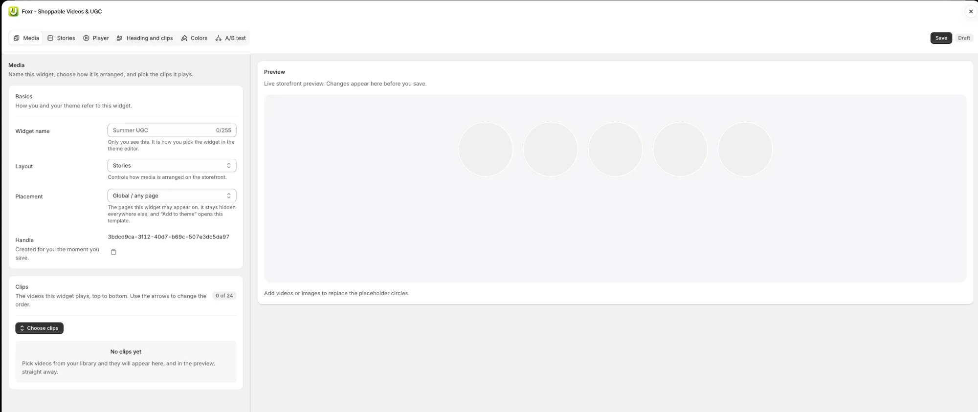 The Media tab of the widget editor in Foxr Shoppable Videos & UGC: Widget name, Layout set to Stories, Placement set to Global / any page, and a Clips card that holds up to 24 clips, with a live preview on the right