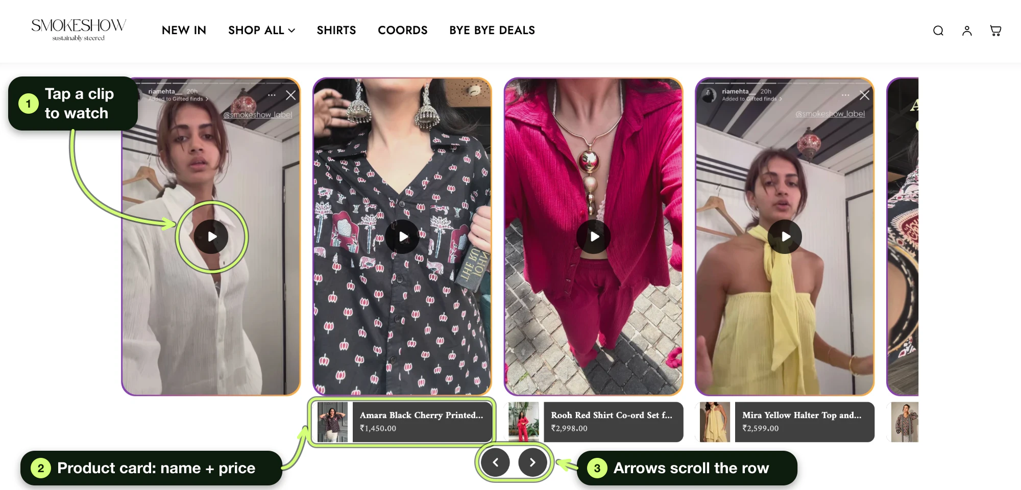 A shoppable video carousel made with Foxr Shoppable Videos & UGC on the Spell by Smokeshow store, with a product card under the tagged clips