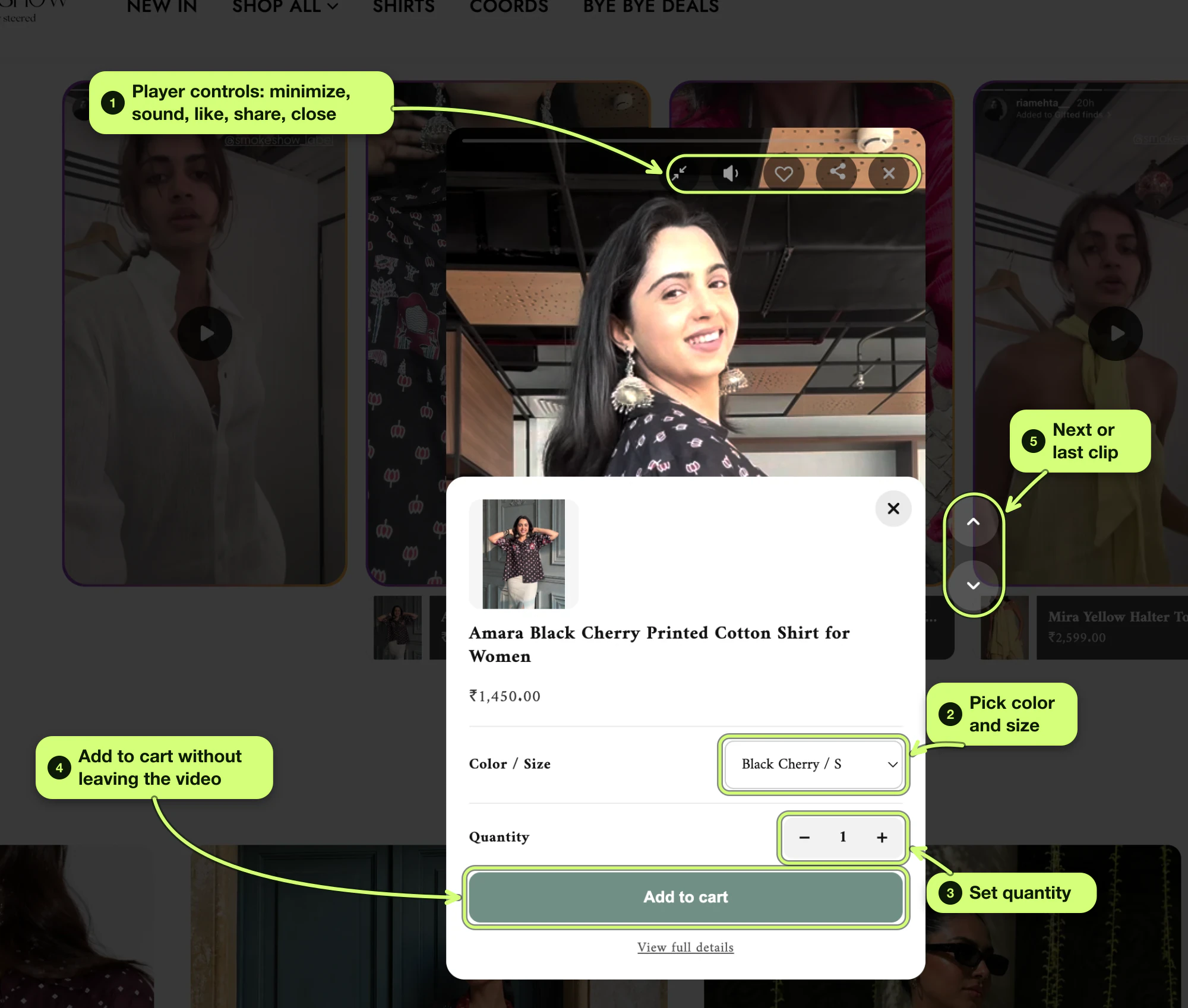 The quick add panel in Foxr Shoppable Videos & UGC on Spell by Smokeshow: pick color and size, set quantity, tap Add to cart